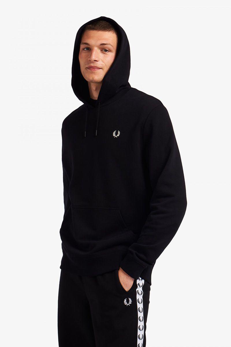 Black Fred Perry Printed Patch Hooded Sweatshrt Men's Sweatshirts | PH 1599EBCX